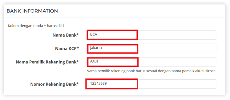 Masukkan informasi rekening Bank Anda